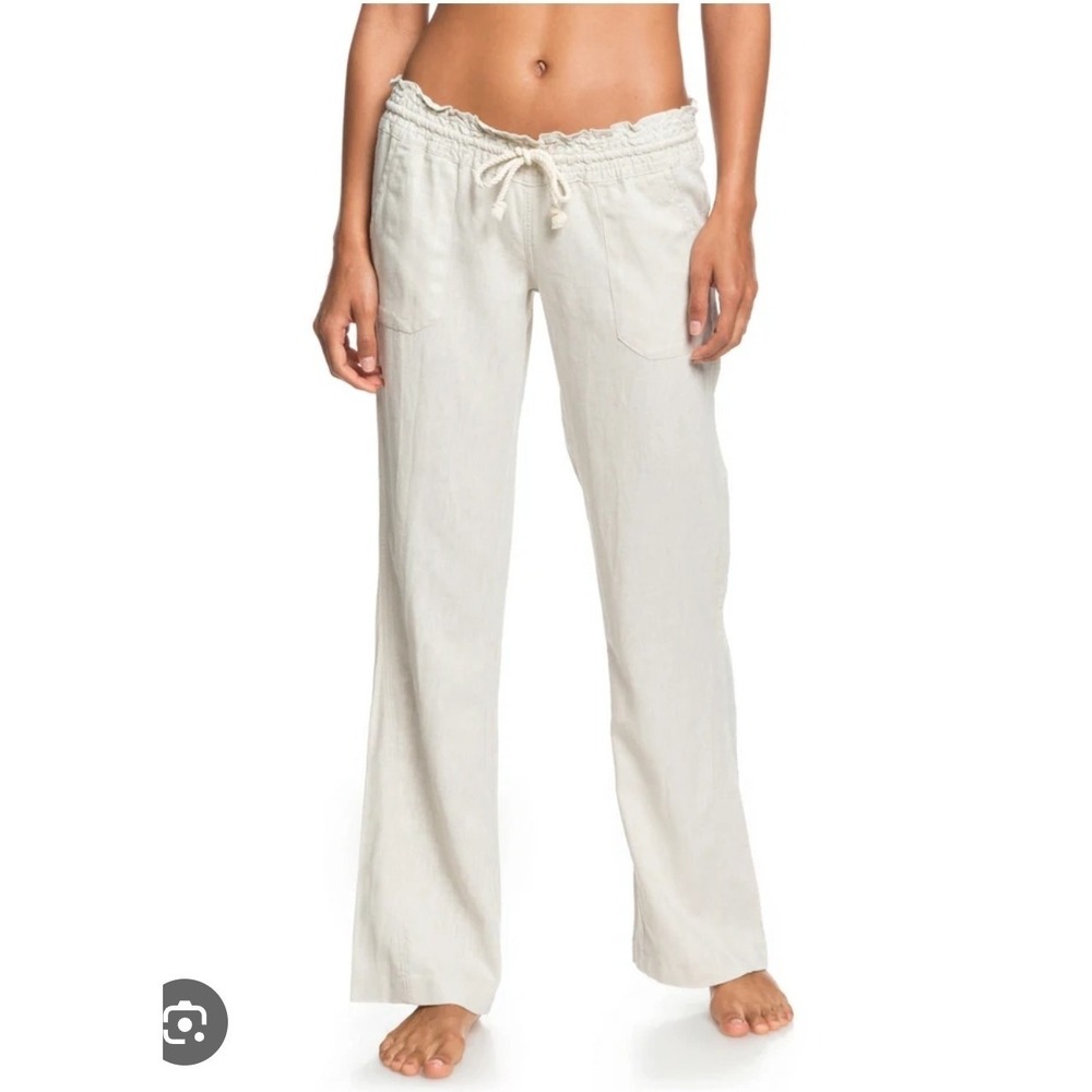 Roxy White Linen Beachy Elastic Waist Oceanside Pants Sz M Medium Drawstring